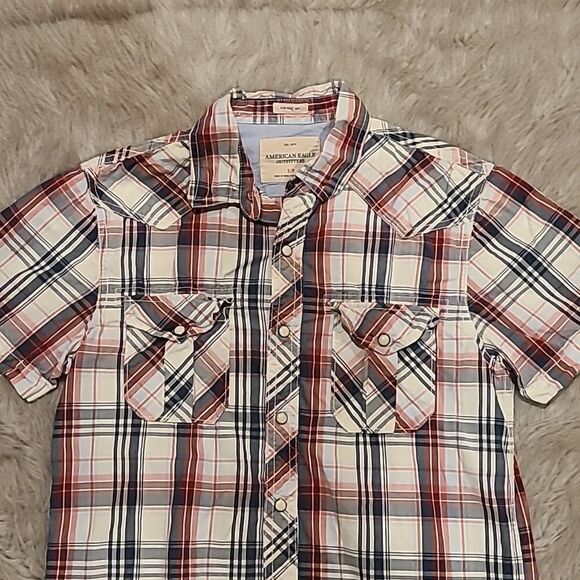 American eagle outfitters mens short sleeve red white and blue button down - Picture 2 of 6